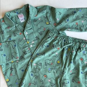 Hanna Andersson Green Cotton Tale Bunnies Poplin Pajama Set Kids Size‎ 6-7 New!